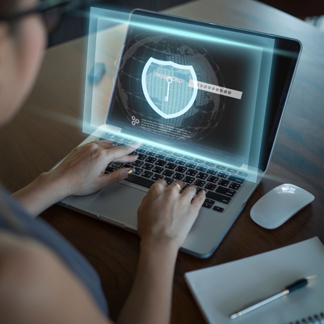 a woman working on a laptop with a lock screen and password overlay